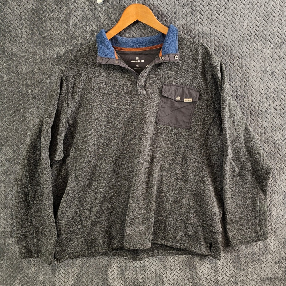 Woolrich Mens XXL Fleece Pullover Snap Neck Pocket Gray Long Sleeve